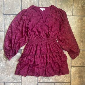 Peach Love Burgundy and Metallic Gold Tiered long Sleeve V Neck Dress Size Large